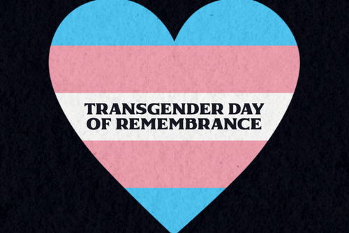 Heart in the colours of the trans flag with the text 'Transgender Day of Remembrance'.